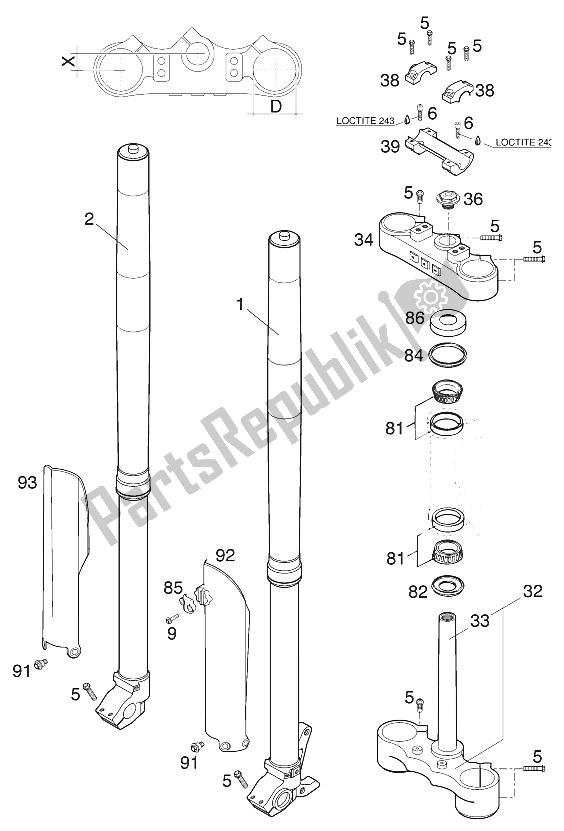 All parts for the Front Fork - Steering Stem Usd43 Wp 400/520 Rac of the KTM 400 EXC Racing Europe 2000