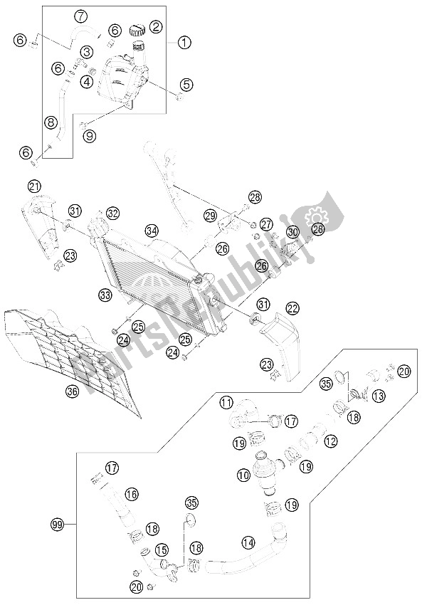 All parts for the Cooling System of the KTM 200 Duke Orange CKD Malaysia 2012