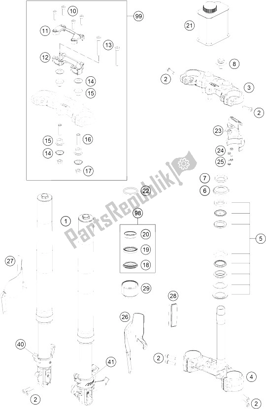 All parts for the Front Fork, Triple Clamp of the KTM 390 Duke White ABS CKD China 2015