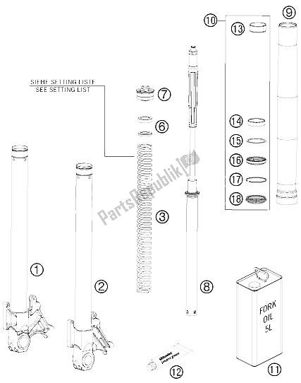 All parts for the Front Fork Dissassemled of the KTM 990 Supermoto R Europe 2012