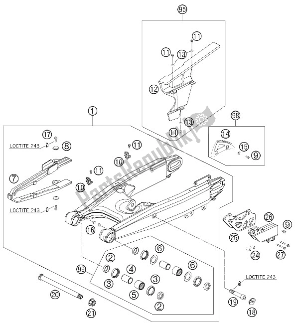 All parts for the Swing Arm of the KTM 950 Super Enduro R Australia United Kingdom 2008