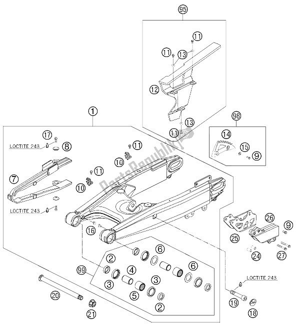 All parts for the Swing Arm of the KTM 950 Super Enduro R USA 2008