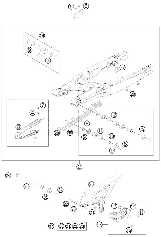 All parts for the Swing Arm of the KTM 400 EXC Australia 2011