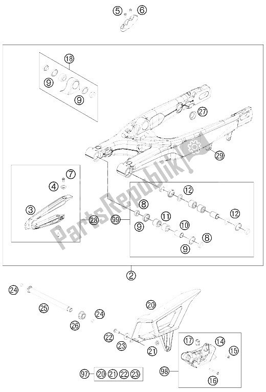 All parts for the Swing Arm of the KTM 450 EXC SIX Days Europe 2011