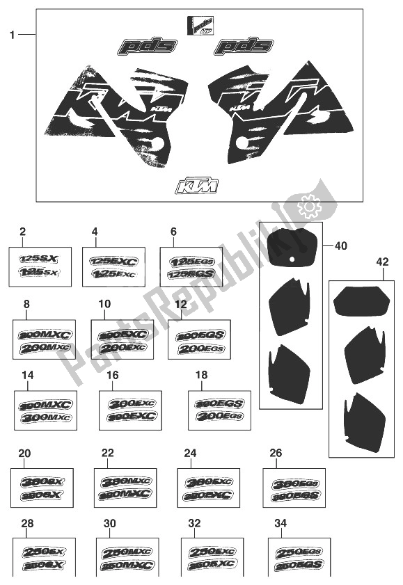 All parts for the Decal Set 125-380 '98 of the KTM 125 SX 98 Europe 1998