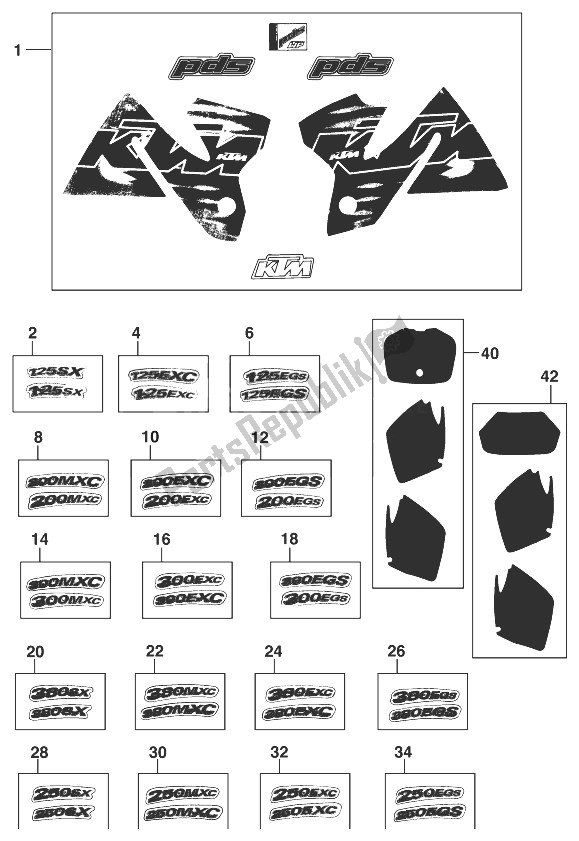Todas as partes de Conjunto De Decalques 125-380 '98 do KTM 300 EXC Europe 1998
