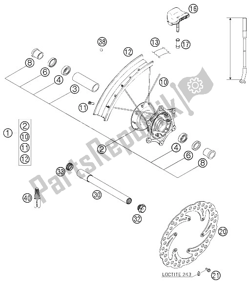 All parts for the Front Wheel of the KTM 125 EXC Europe 2005