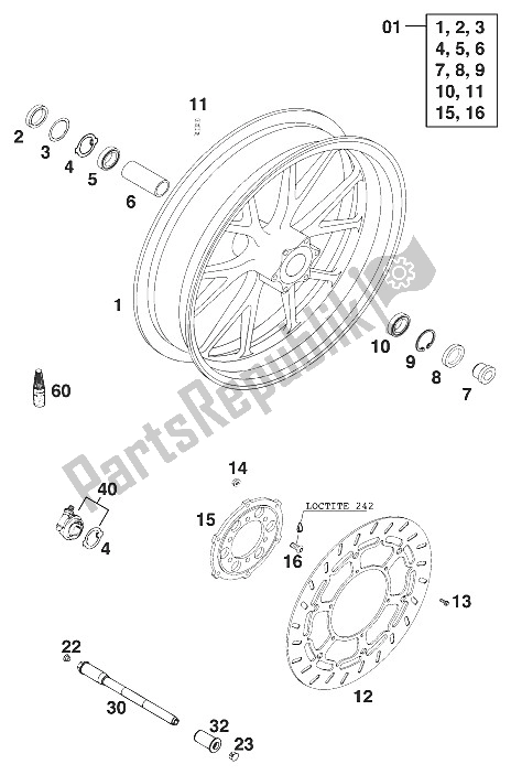 Tutte le parti per il Ruota Anteriore Bbs Duke '99 del KTM 640 Duke II Europe 2000