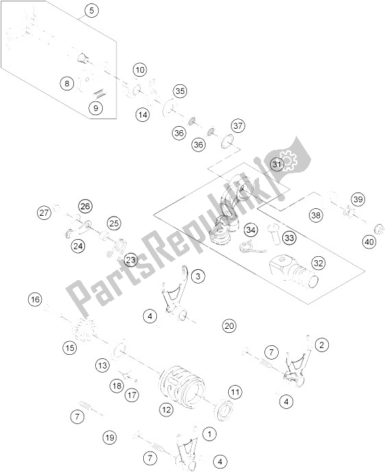 All parts for the Shifting Mechanism of the KTM Freeride 350 Europe 2015