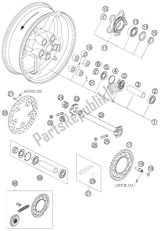 All parts for the Rear Wheel of the KTM 950 Supermoto Black Australia United Kingdom 2005