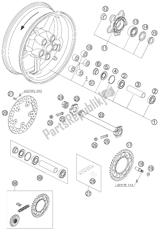 Toutes les pièces pour le Roue Arrière du KTM 950 Supermoto Black Europe 2005