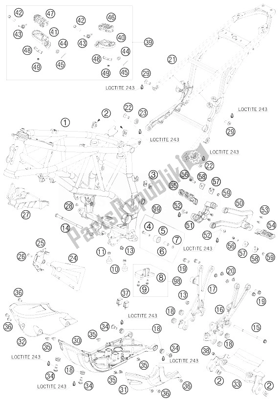 All parts for the Frame of the KTM 990 Adventure R USA 2010
