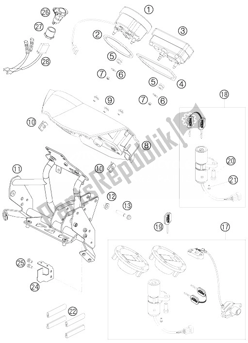 All parts for the Cockpit Support, Speedometer of the KTM 990 Adventure Black ABS 07 Europe 2007