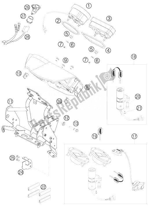 All parts for the Cockpit Support, Speedometer of the KTM 990 Adventure Orange ABS 07 USA 2007