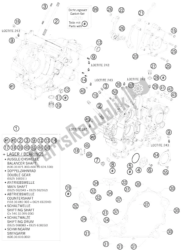 All parts for the Engine Case of the KTM 990 Adventure Orange ABS Australia United Kingdom 2008