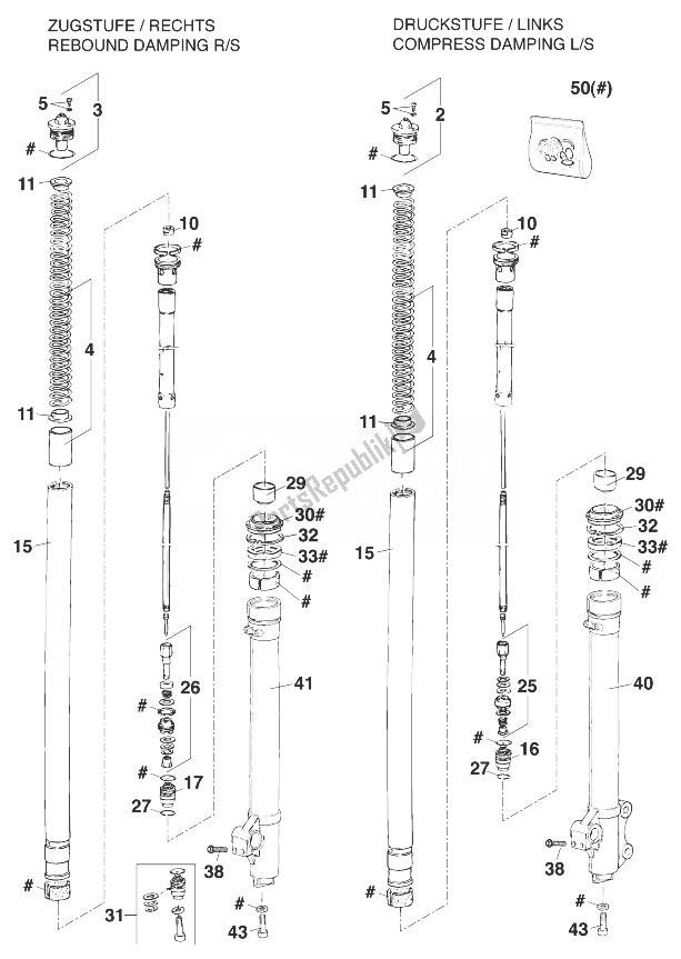 All parts for the Front Legs - Suspension Marzocchi 125-200 ' of the KTM 200 EGS SGP Asia 1999