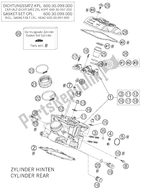 Todas as partes de Traseira Da Cabeça Do Cilindro do KTM 990 Superduke Schw OR 04 Europe 2004