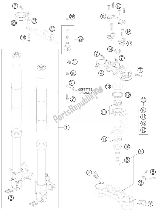 Alle onderdelen voor de Voorvork, Drievoudige Klem van de KTM 990 Super Duke R France 2013