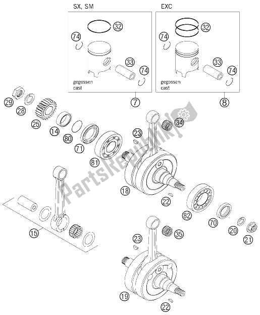 All parts for the Crankshaft, Piston of the KTM 200 EXC Europe 2005