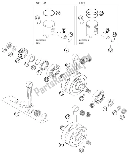 Tutte le parti per il Albero Motore, Pistone del KTM 200 EXC USA 2005