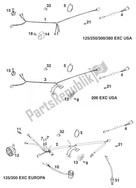 Todas as partes de Chicote De Fios Exc 125-200 '99 do KTM 125 EXC 99 Europe 1999