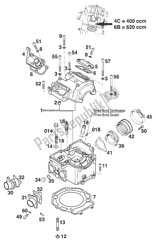 All parts for the Cylinder Head 400/620 Rxc-e '98 of the KTM 400 LSE 11 LT Blau Europe 1997