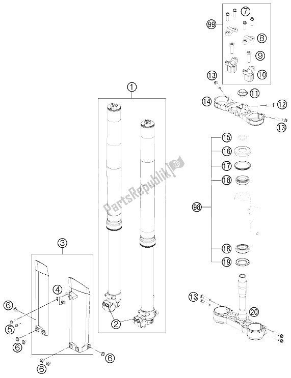 All parts for the Front Fork, Triple Clamp of the KTM Freeride 250 R USA 2015