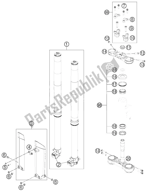 All parts for the Front Fork, Triple Clamp of the KTM Freeride 350 Europe 2012