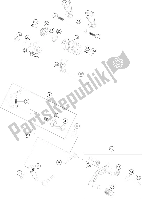 All parts for the Shifting Mechanism of the KTM 200 Duke OR W O ABS CKD 15 Malaysia 2015