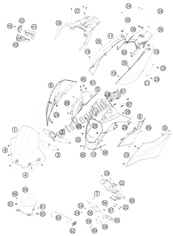 All parts for the Mask, Fenders of the KTM 990 Supermoto T Silver Europe 2010