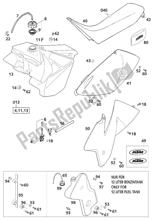 Todas las partes para Depósito - Asiento - Tapa 2t E de KTM 125 EXC USA 2001