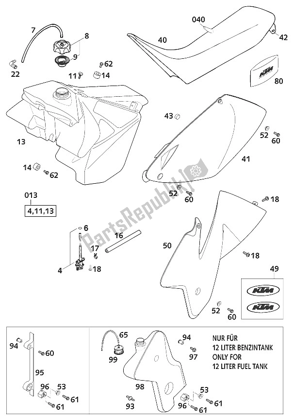 Alle onderdelen voor de Tank - Stoel - Deksel 2t E van de KTM 200 EXC USA 2001