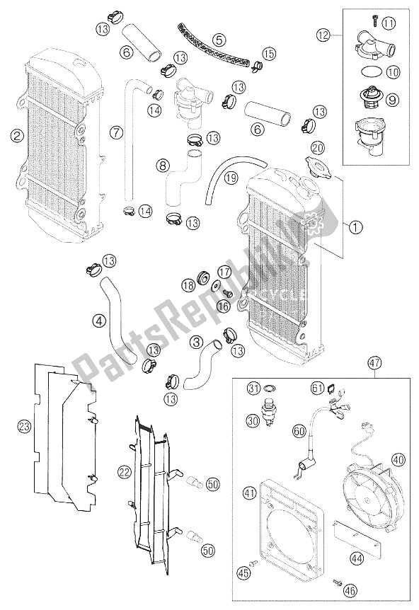 All parts for the Cooling System 250 Exc Racing of the KTM 250 EXC Racing SIX Days Europe 2002