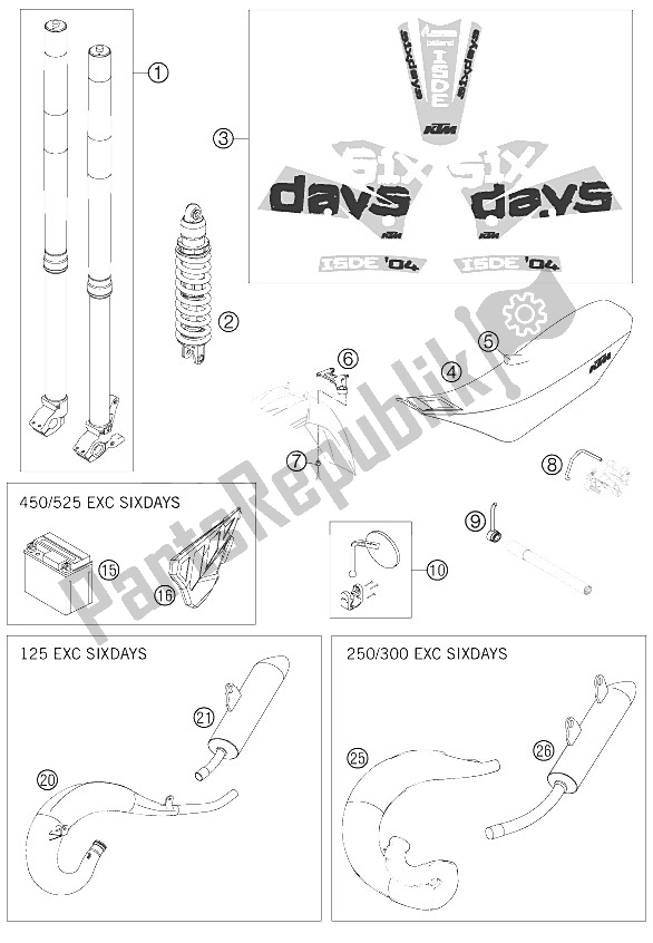 All parts for the New Parts of the KTM 250 EXC SIX Days Europe 2005