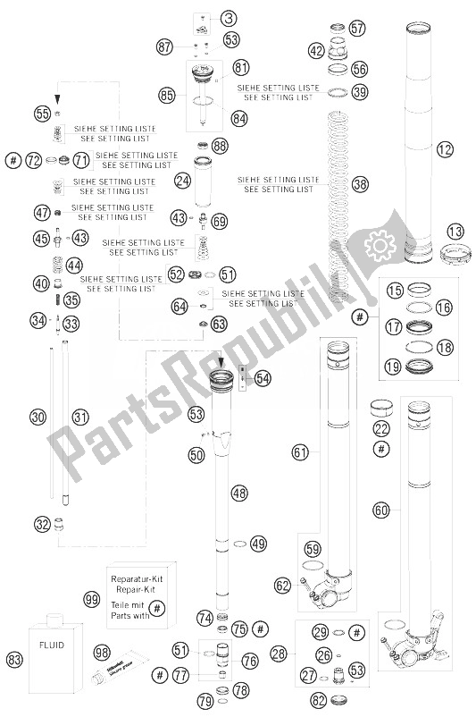 Alle onderdelen voor de Voorvork Gedemonteerd van de KTM 150 SX USA 2010