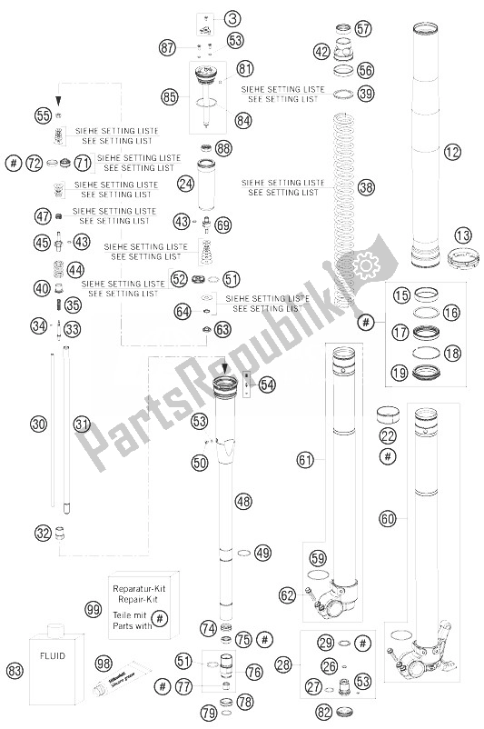 All parts for the Front Fork Disassembled of the KTM 250 SX F Fact Repl Musq ED 10 Europe 2010