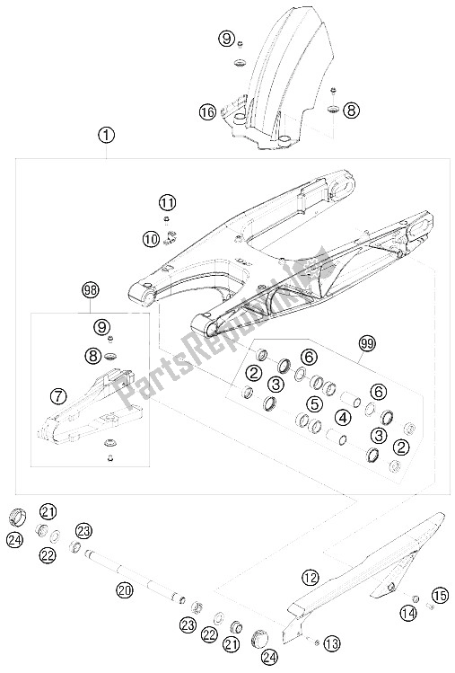 All parts for the Swing Arm of the KTM 690 Duke Orange Australia United Kingdom 2009