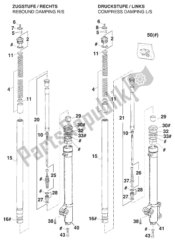 All parts for the Front Legs - Suspension Marzocchi 50 '97 of the KTM 250 EGS M ö 12 KW Europe 732670 1997