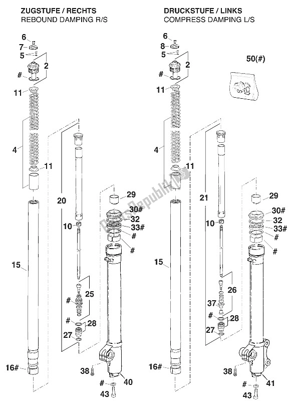 Tutte le parti per il Gambe Anteriori - Sospensione Marzocchi 50 '97 del KTM 300 EXC M O Europe 1997