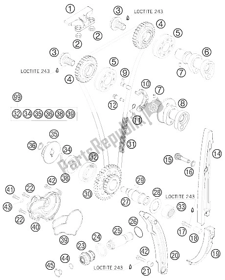 Alle onderdelen voor de Timing Aandrijving van de KTM 250 SX F USA 2009