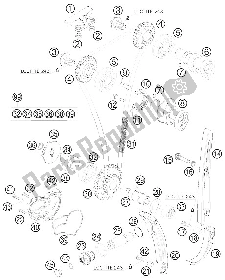 All parts for the Timing Drive of the KTM 250 SXS F Europe 2008