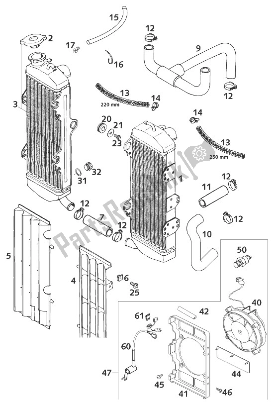 Tutte le parti per il Radiatore - Tubo Radiatore 620 2001 del KTM 620 SUP Comp 20 KW Europe 1999