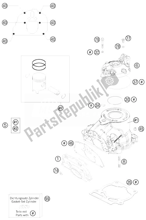 Alle onderdelen voor de Cilinder, Cilinderkop van de KTM 125 EXC Europe 2010