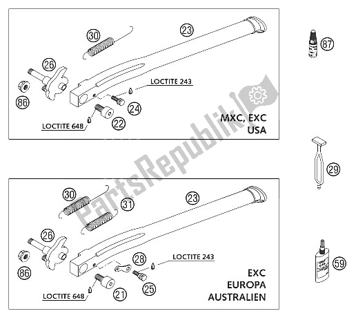Tutte le parti per il Cavalletto Laterale 125-380 2002 del KTM 380 EXC Australia 2002