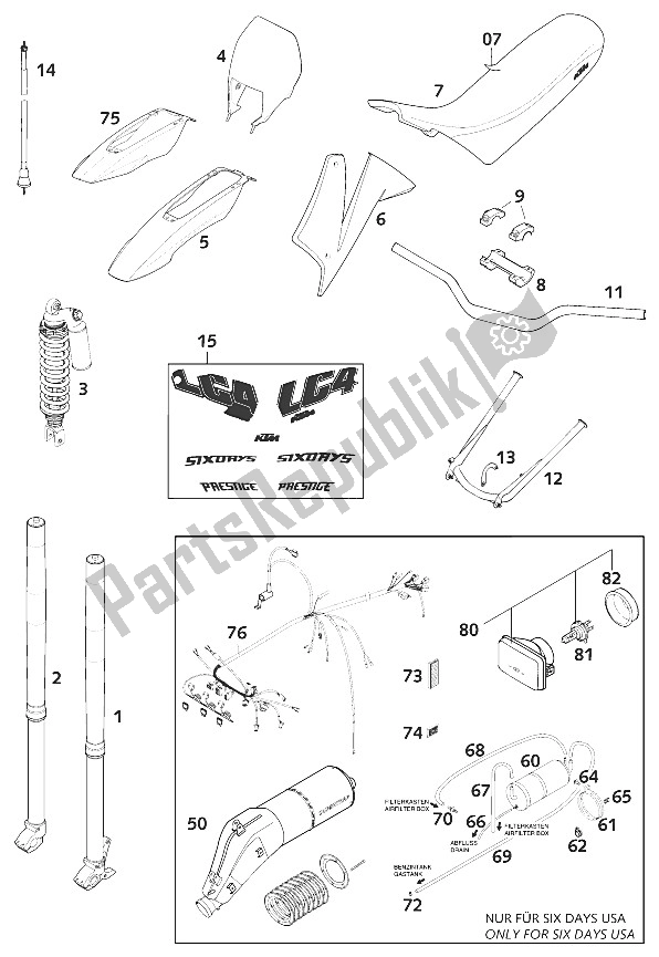 All parts for the New Parts 640 Lc4-e Six Days 20 of the KTM 640 LC4 E SIX Days USA 2000