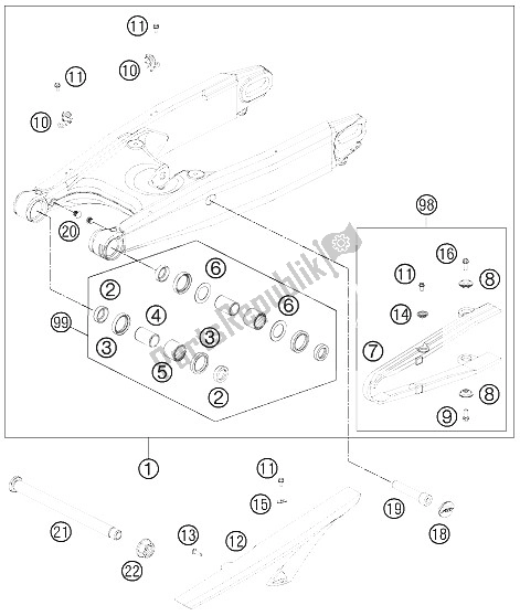 All parts for the Swing Arm of the KTM 990 Super Duke Black Europe 2011