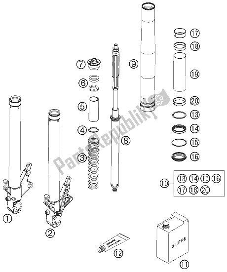 All parts for the Front Fork Disassembled of the KTM 990 Superduke Orange Australia United Kingdom 2006