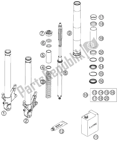 All parts for the Front Fork Disassembled of the KTM 990 Superduke Titanium Europe 2006