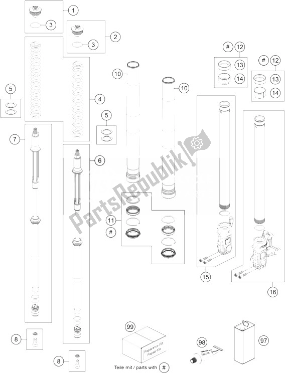 All parts for the Front Fork Disassembled of the KTM 690 Duke R ABS Australia 2013