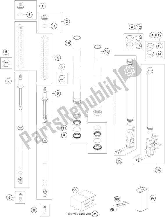 All parts for the Front Fork Disassembled of the KTM 690 Duke R ABS Europe 2013